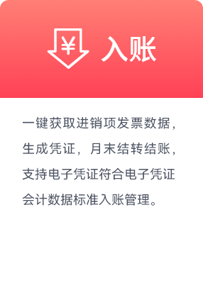 入账,一键获取进销项发票数据，生成凭证，月末结转结账，支持电子凭证符合电子凭证会计数据标准入账管理。